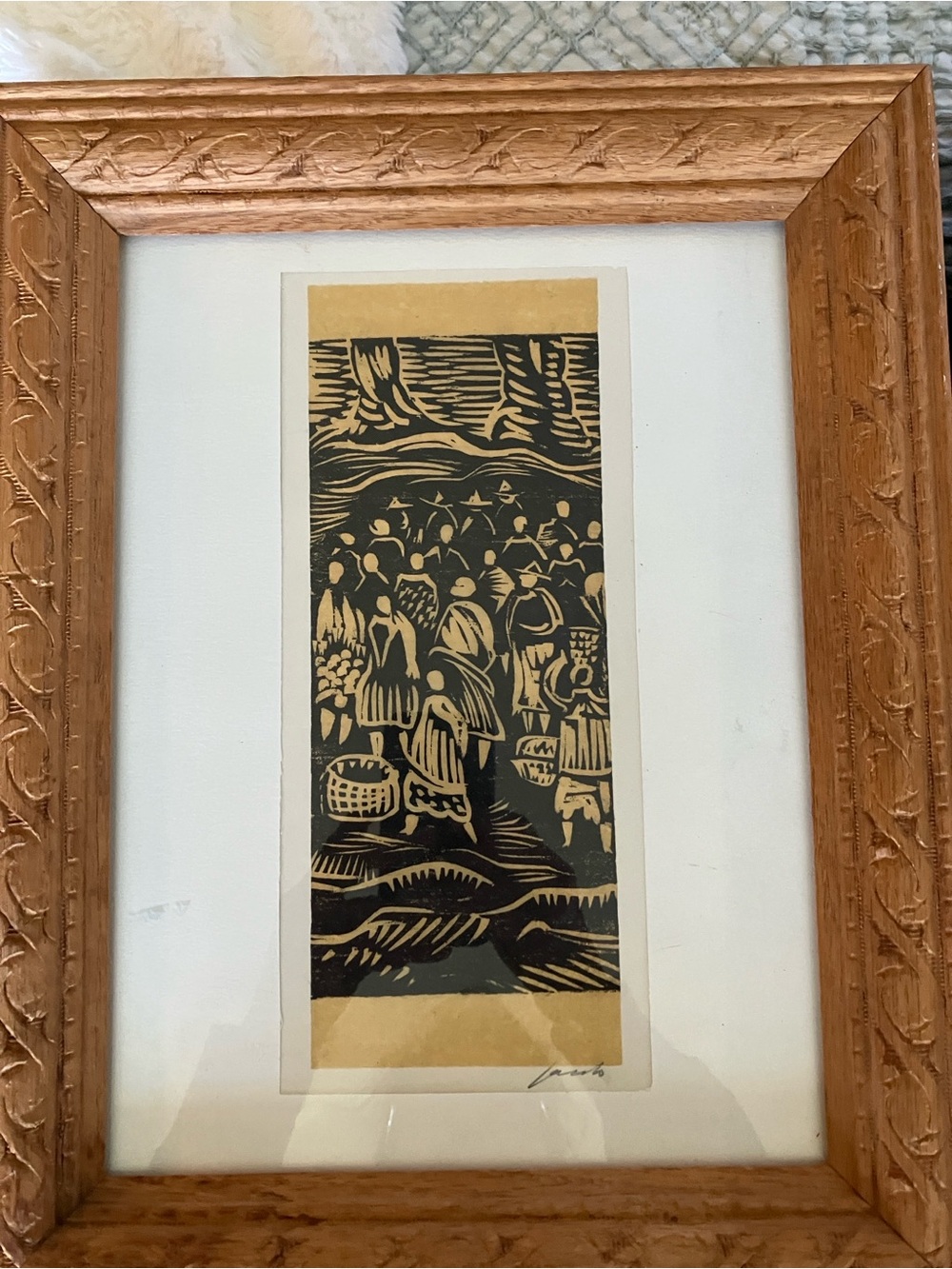 Handcrafted Black and Cream Market Scene Woodcut Print - Framed Home Art